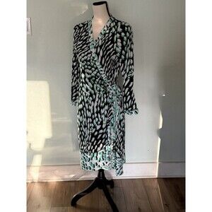 BCBG Max Azria Adele Wrap Dress Black Green Abstract Print Long Sleeve Size L